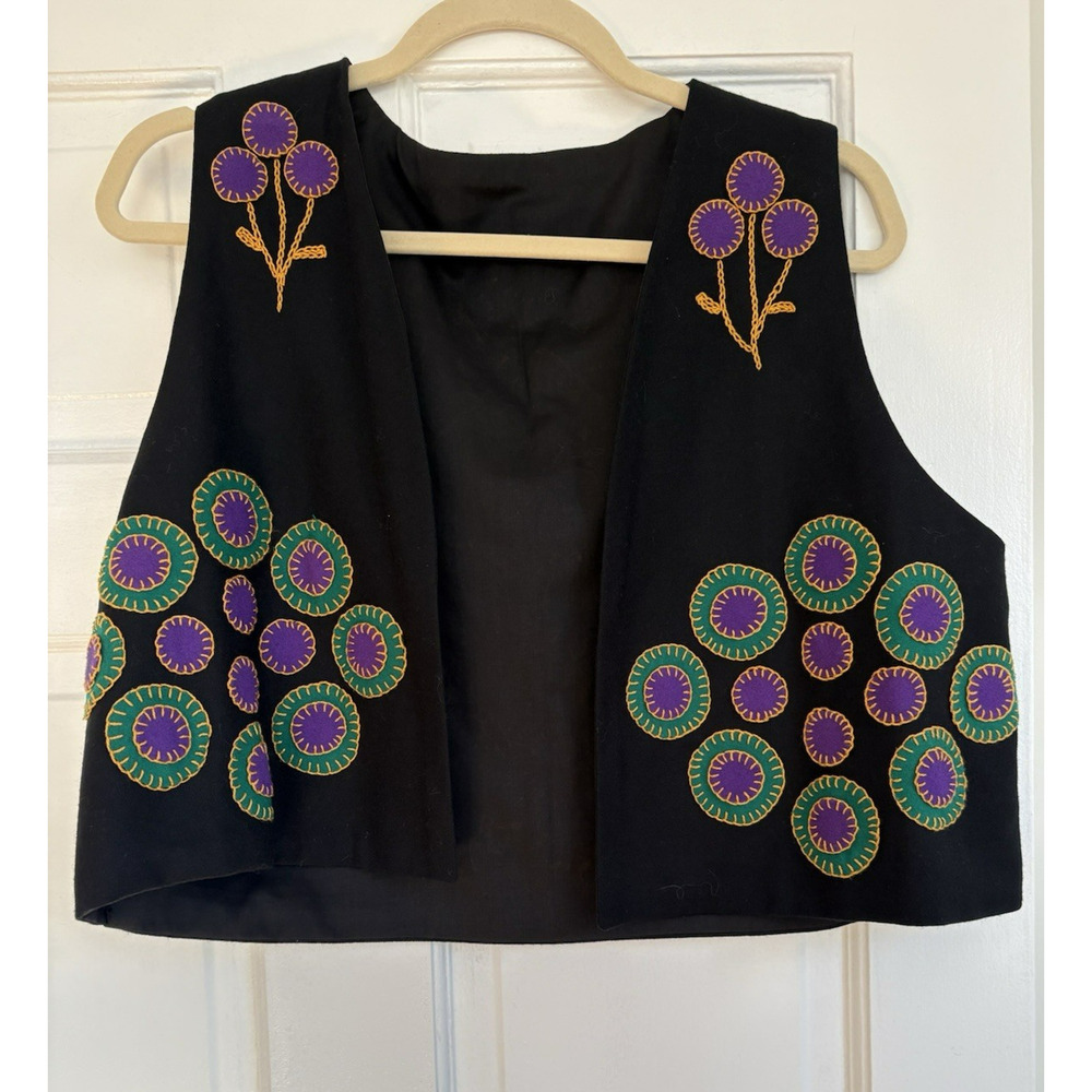 Handmade Vintage Black Cropped Vest Applique Floral Purple Green Boho Artistic